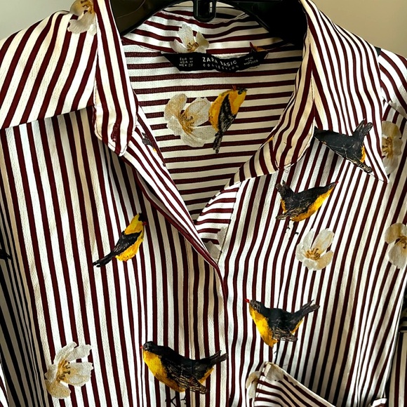 Zara Basic Collection Oversized Bird Print Top Burgundy Stripes Size Medium - Picture 4 of 6